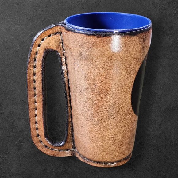 Vintage 1995 Handmade Leather Wrapped Mug DLJ Signed Yin Yang Artisan Ren Faire - Picture 3 of 8